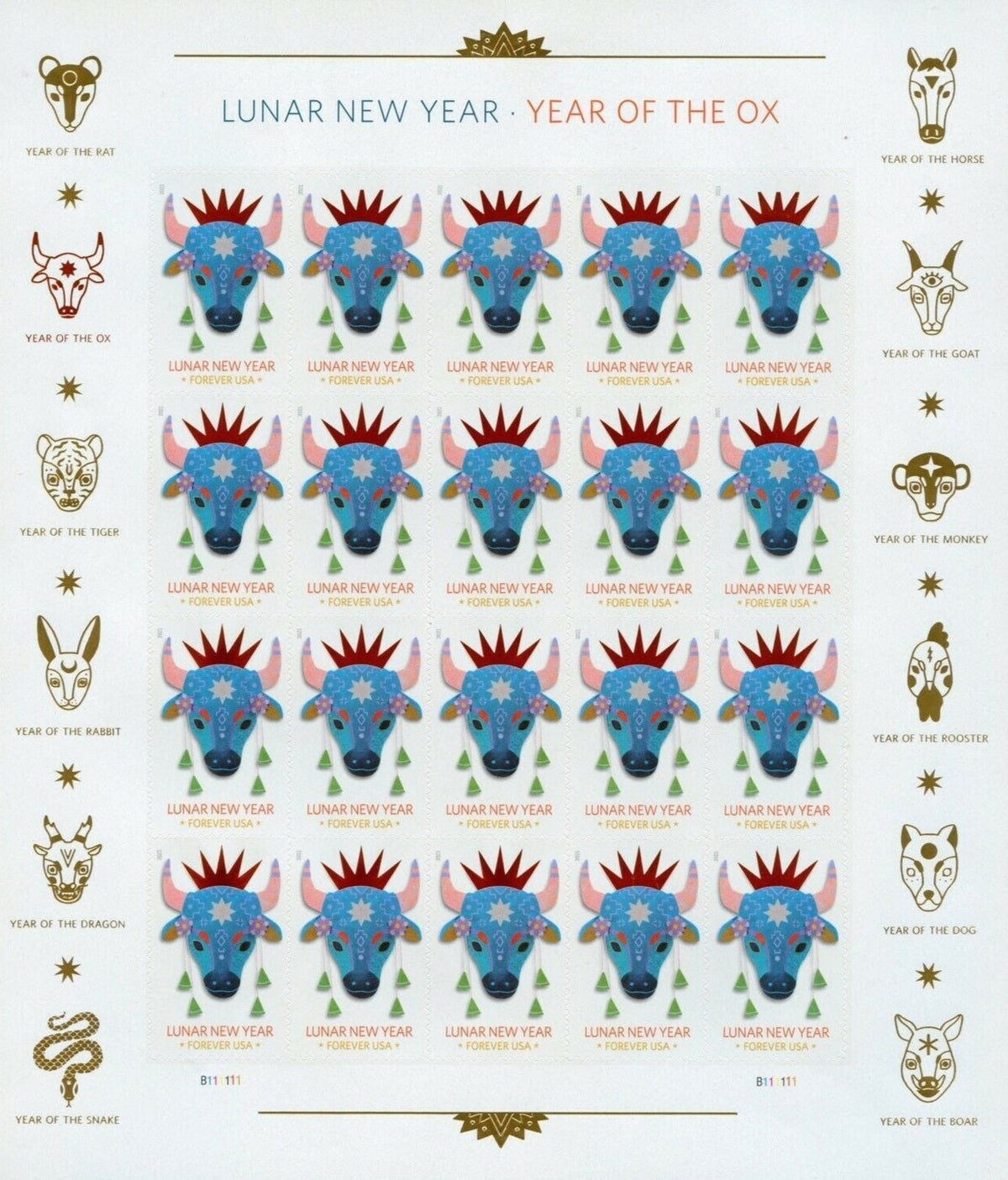 2021 Year of the Ox Forever stamp pane of 20