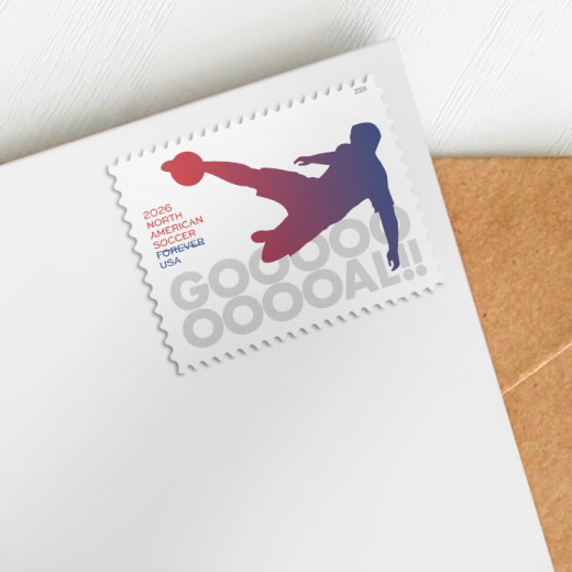 North American Soccer Forever stamp on an envelope